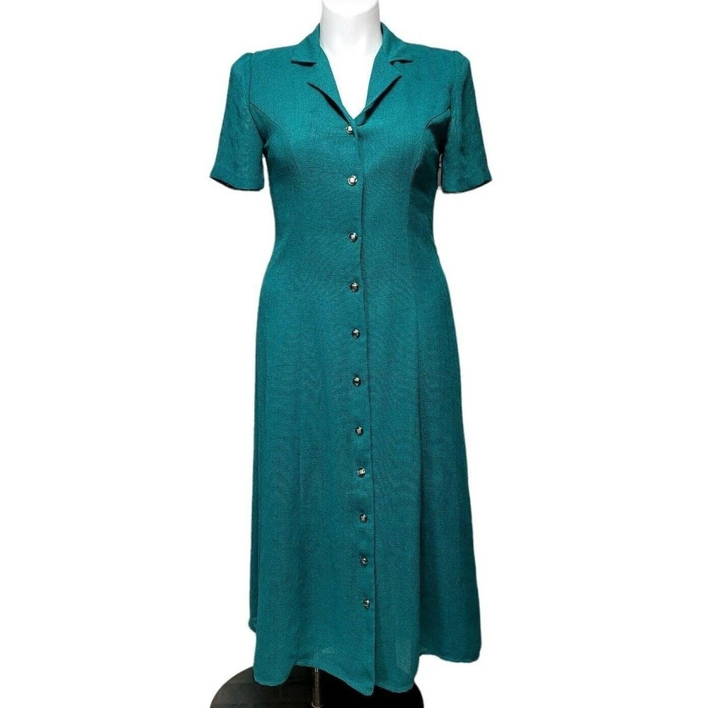 Miss‎ Dorby Vintage Teal Green Textured Button Down Midi Dress Size 10 Modest
